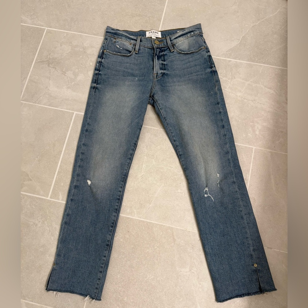 Frame Le High Straight In Surrey Jeans Raw Hem Edge Slit Ankle Size 25 - Picture 3 of 17